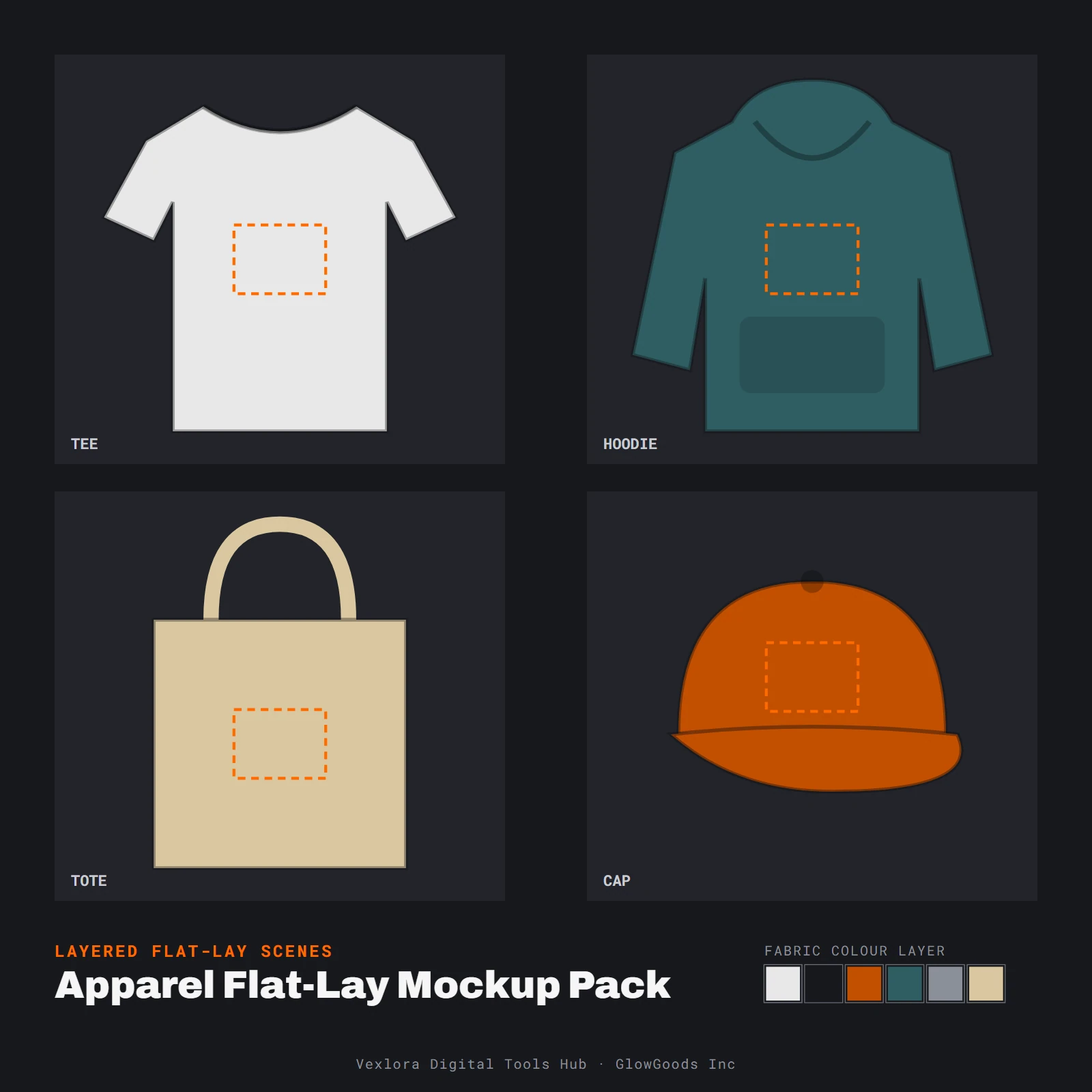 Preview of the Apparel Flat-Lay Mockup Pack showing blank tee, hoodie, tote bag and cap outlines with a colour layer swatch row