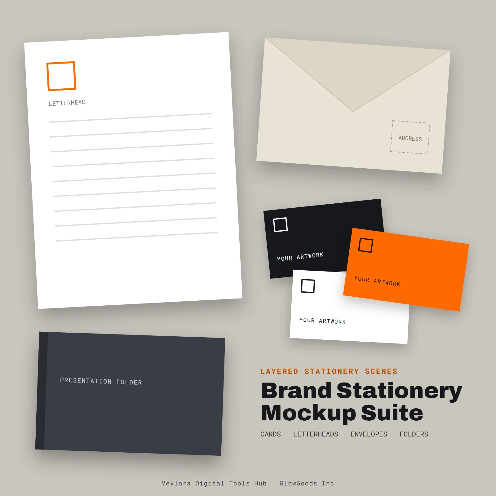 Preview of the Brand Stationery Mockup Suite showing a flat-lay of blank business cards, a letterhead, an envelope and a folder