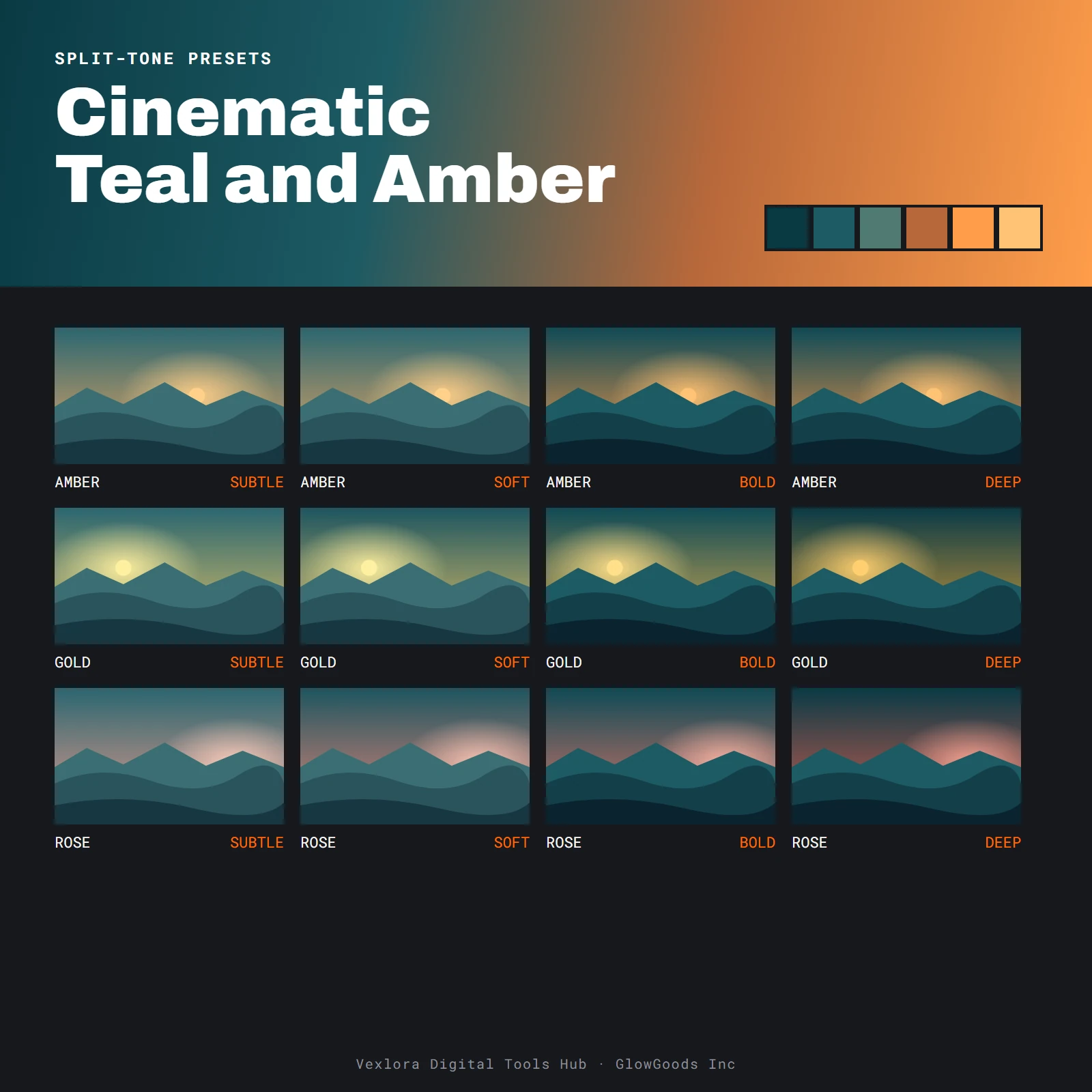 Preview of Cinematic Teal and Amber Presets showing a grid of split-tone colour tiles and a teal to amber swatch ramp