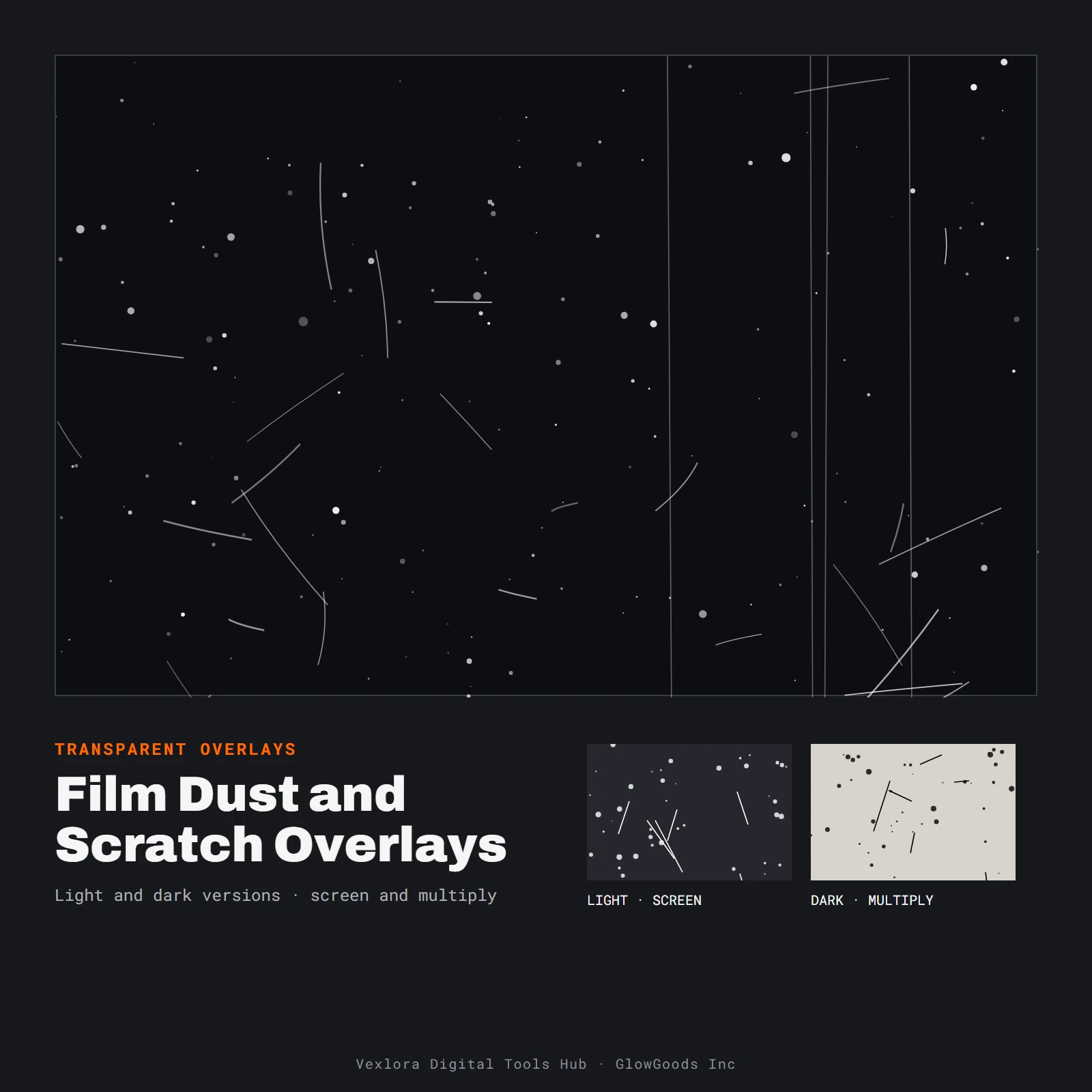 Preview of Film Dust and Scratch Overlays showing a dark frame with white dust specks, fibres and scratch lines