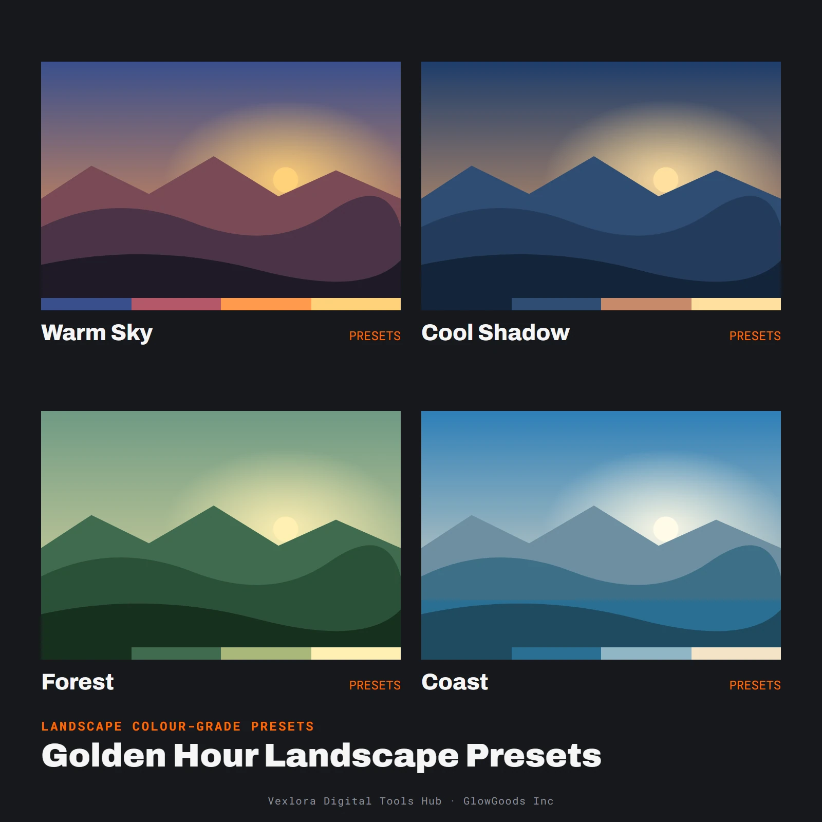 Preview of Golden Hour Landscape Presets showing landscape-style gradient scenes graded in warm, cool, green and blue tones