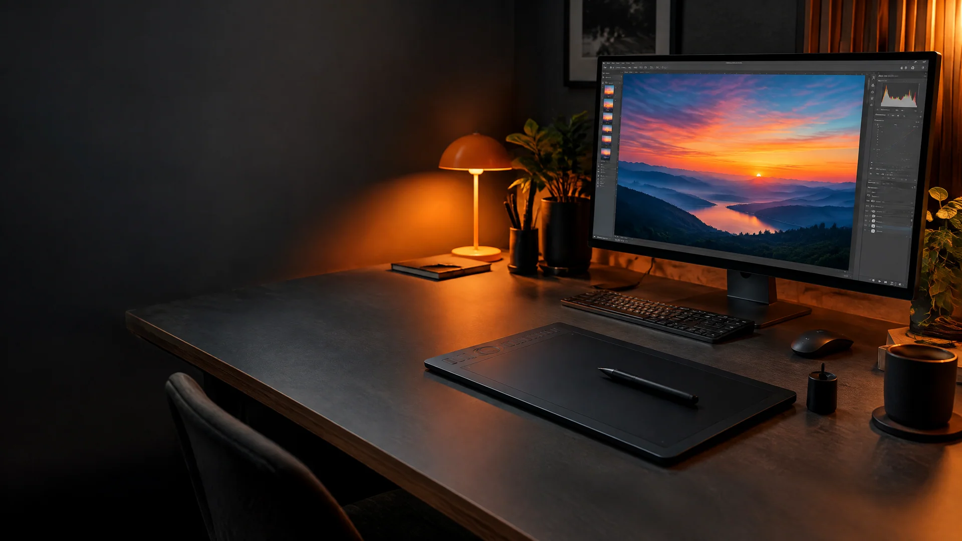 A dark editing desk with a monitor showing a sunset landscape, a graphics tablet and a small orange lamp