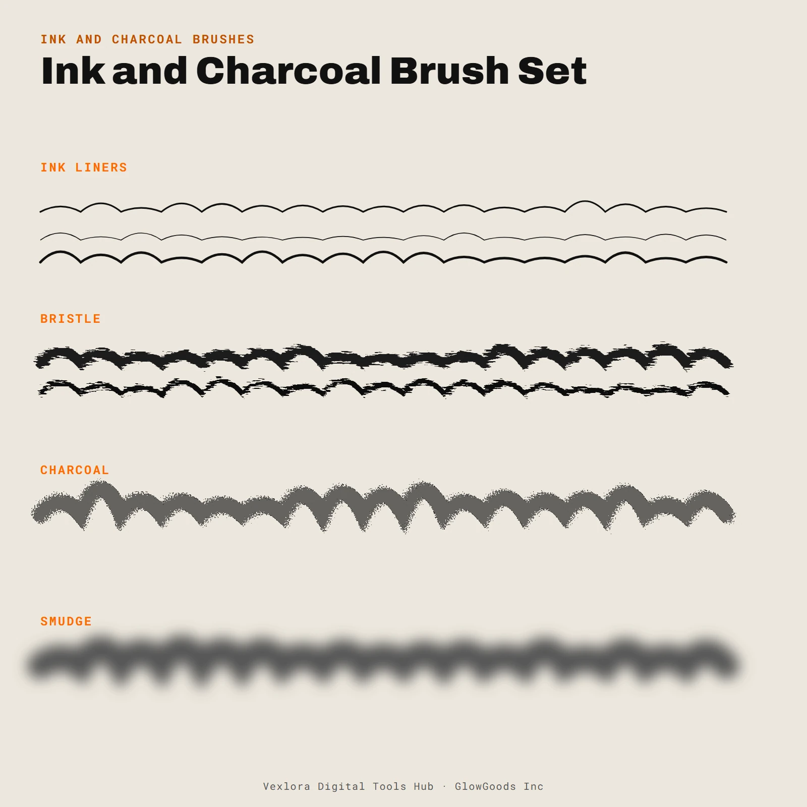 Preview of the Ink and Charcoal Brush Set showing sample strokes in ink, bristle, charcoal and smudge groups