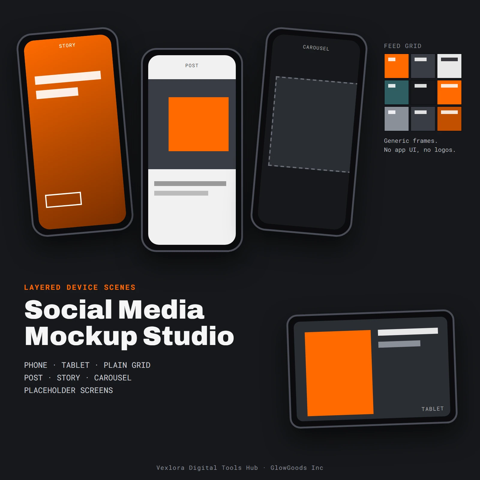 Preview of the Social Media Mockup Studio showing generic phone frames with placeholder screens beside a feed grid layout